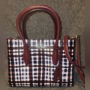 EUC Kate Spade NY Eva City Plaid Small Top Zip Satchel (Burgandy and Black).